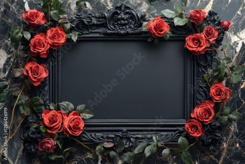 Elegant composition featuring red roses surrounding a sophisticated black frame with copy space, set against a marble backdrop