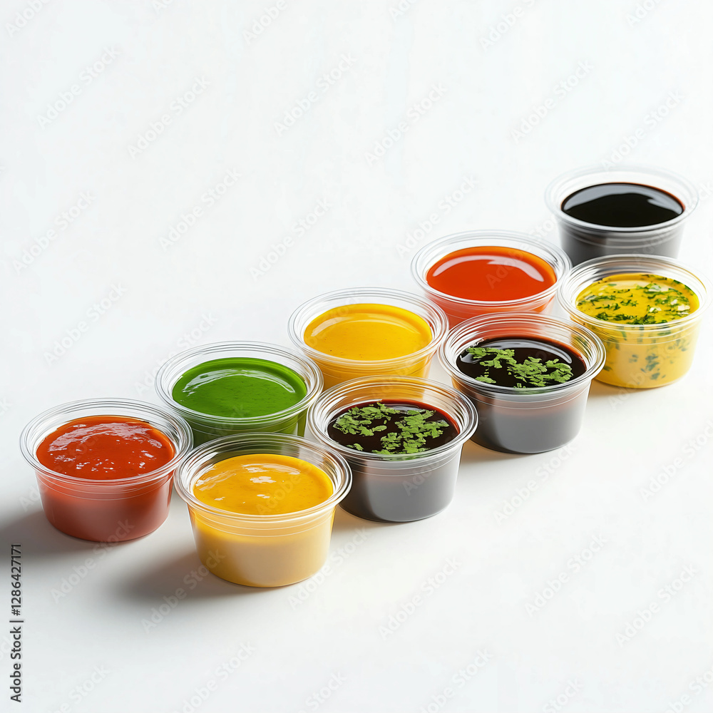 A variety of colorful sauces in clear plastic containers, including red, yellow, green, orange, and black with garnished herbs. The sauces are neatly arranged in a row against a white background. A variety of colorful sauces in clear plastic containers, including red, yellow, green, orange, and black with garnished herbs. The sauces are neatly arranged in a row against a white background.