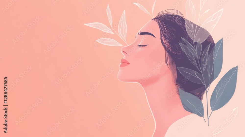young woman in profile with closed eyes with leaves near her face. Positive thinking and open mind concept. Good mental being and healthcare. calm and inner kindness. Illustration young woman in profile with closed eyes with leaves near her face. Positive thinking and open mind concept. Good mental being and healthcare. calm and inner kindness. Illustration