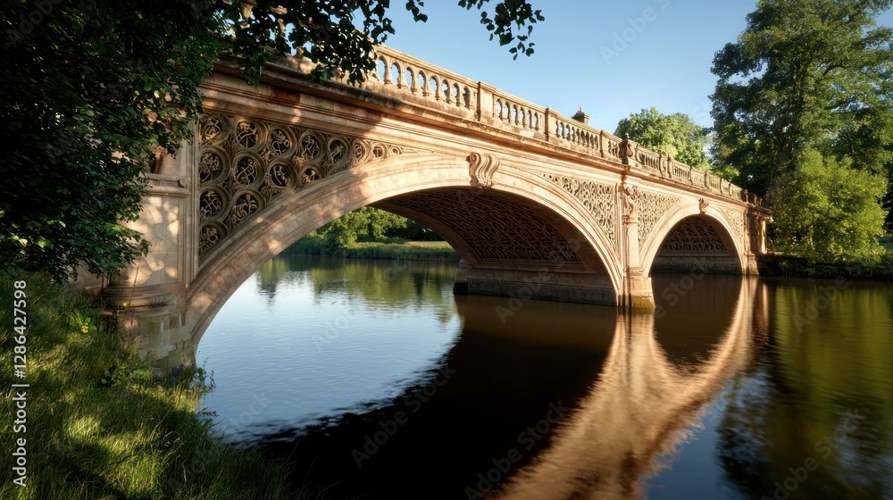 Fototapeta premium Beautiful stone bridge arching over calm water, surrounded by lush greenery and trees