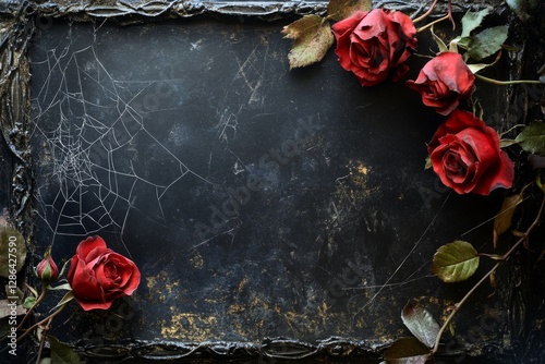 Fototapeta Naklejka Na Ścianę i Meble -  Red roses and spiderwebs adorn a scratched blackboard within an ornate frame, evoking a dark, vintage aesthetic