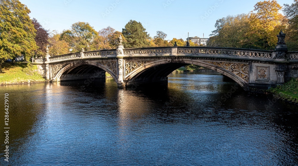 Scenic view of an ornate stone bridge over a calm river surrounded by autumn foliage Scenic view of an ornate stone bridge over a calm river surrounded by autumn foliage