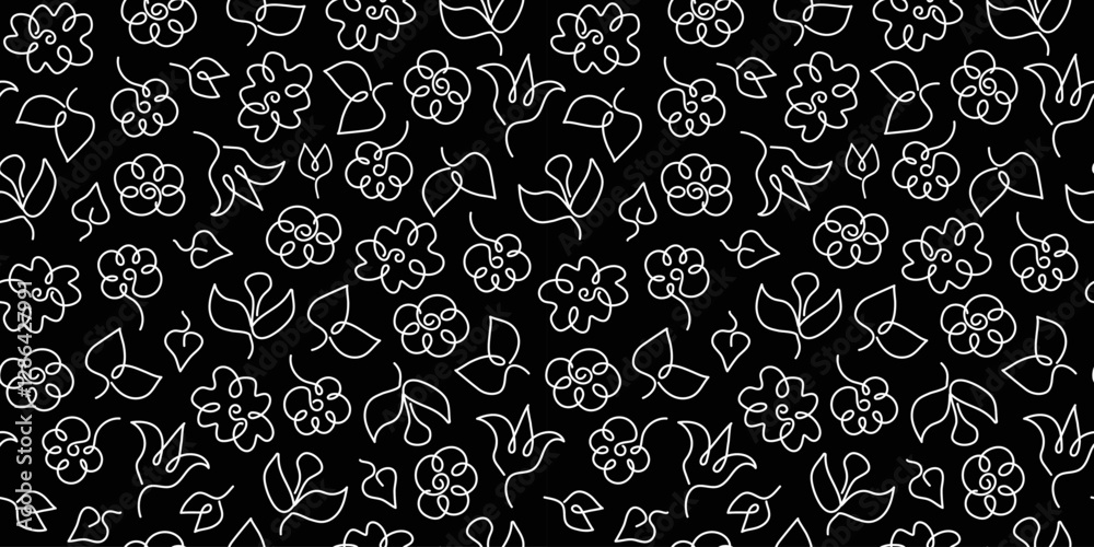 Abstract flowers, leaves. Line art drawing. Seamless botanical pattern, repeating nature background. Abstract flowers, leaves. Line art drawing. Seamless botanical pattern, repeating nature background.