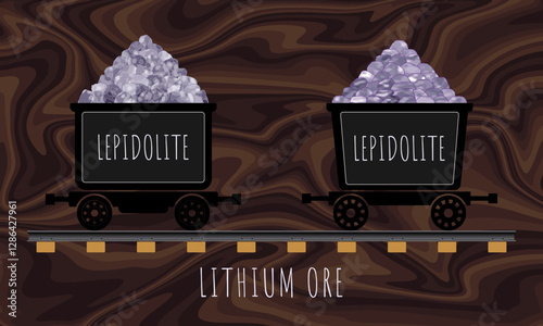 Vector drawing of LEPIDOLITE in wheelbarrows. Hand drawn illustration. LITHIUM ORE. Lithium-containing mineral.
