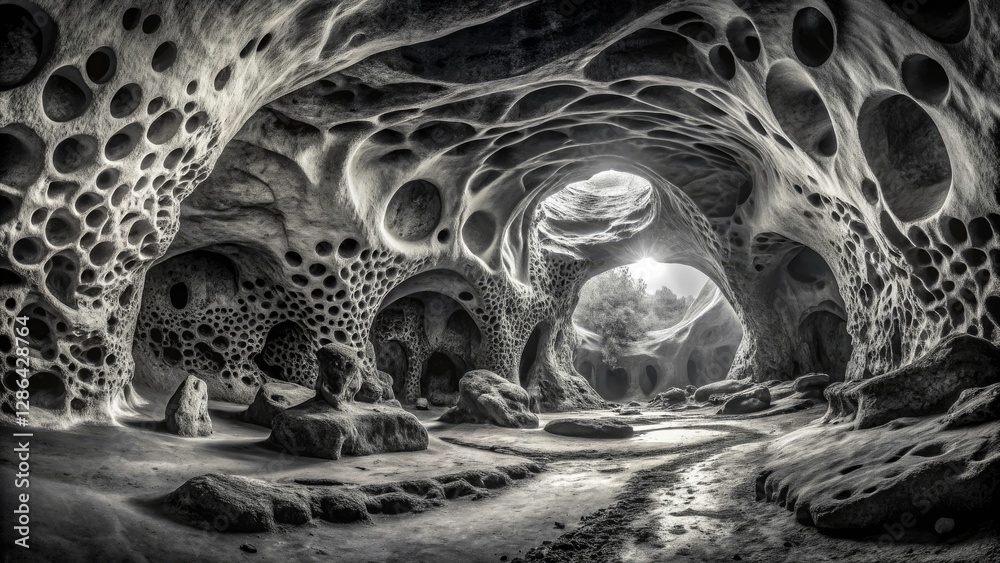 Naklejka premium Panoramic Abstract Black & White Cave Photography: Intricate Tunnels & Holes