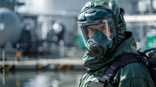 Man in a green suit with a mask on his face is standing in front of a large ta