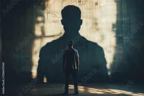 Man looking at his own large shadow projected on a concrete wall in a dark room, representing self consciousness, alter ego and personal growth