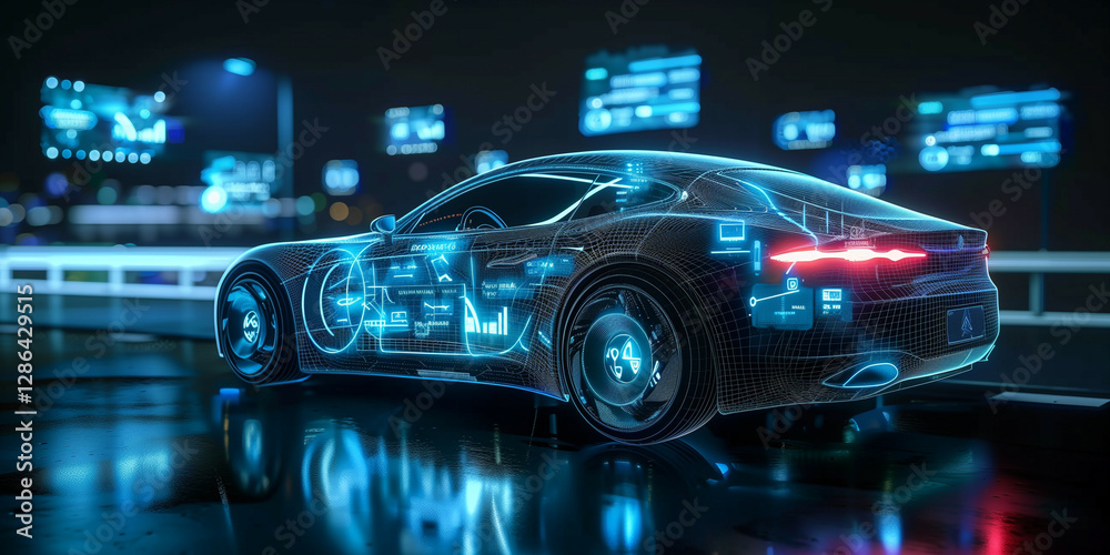 A futuristic luxury car designed with holographic interface technology illuminated under neon city lights at night A futuristic luxury car designed with holographic interface technology illuminated under neon city lights at night