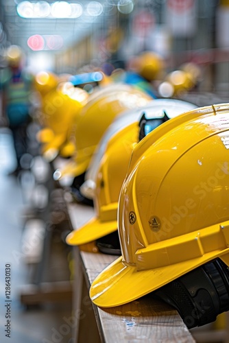Row of yellow hard hats are lined up on a shelf