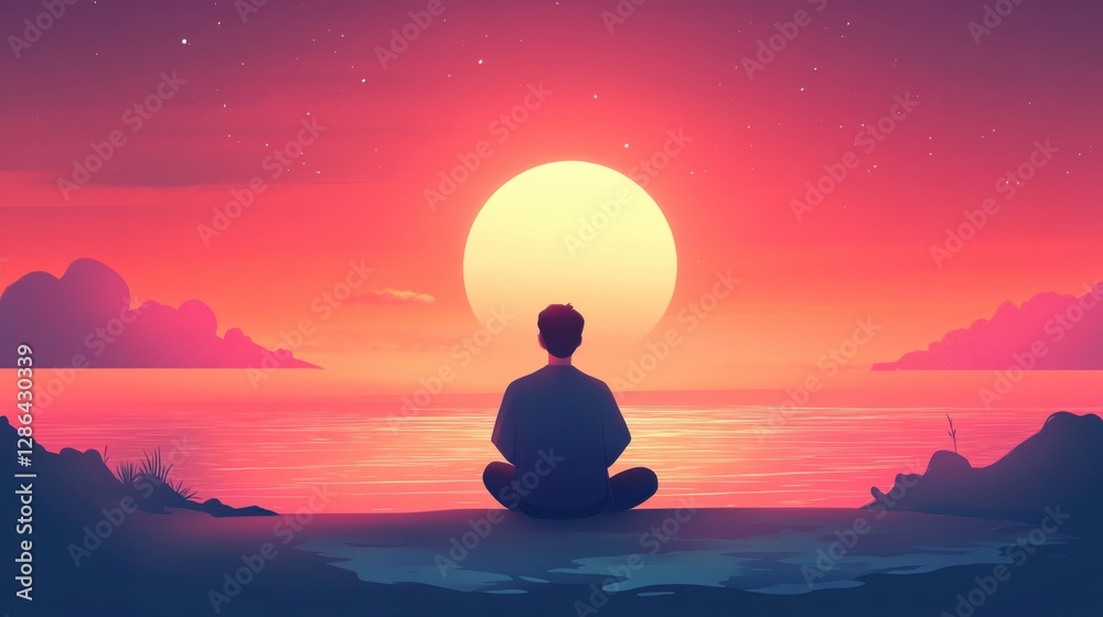 Man sitting in lotos pose near calm water and looking at sunset. Meditation, breathing and relax with peace in nature, workout or zen for mentalhealth wellness Man sitting in lotos pose near calm water and looking at sunset. Meditation, breathing and relax with peace in nature, workout or zen for mentalhealth wellness