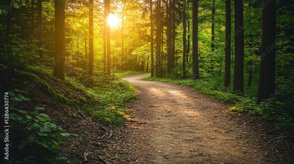 Obraz premium Serene forest path winding through lush greenery under a golden sunset, inviting exploration
