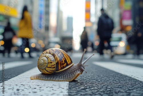 Garden snail crawling on pedestrian crossing in urban environment, symbolizing slowness and contrast between nature and city life photo