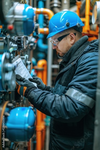 Man in a blue helmet and safety glasses is looking at a piece of paper