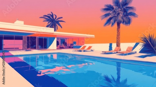 Vibrant mid-century modern pool house at sunset