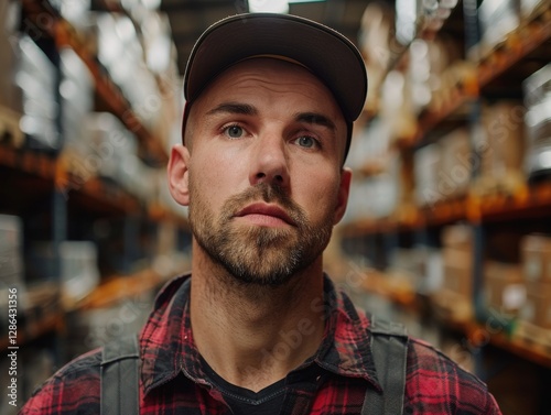 Man with a beard and a hat is standing in a warehouse