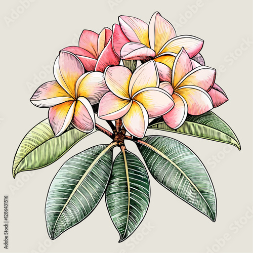 Botanical Illustration of Tropical Plumeria Flowers with Pink and Yellow Blooms in Watercolor Style