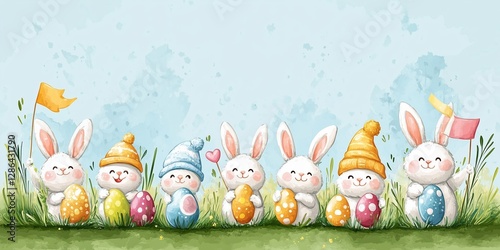 A charming watercolor illustration of six adorable bunnies celebrating Easter in a grassy meadow.