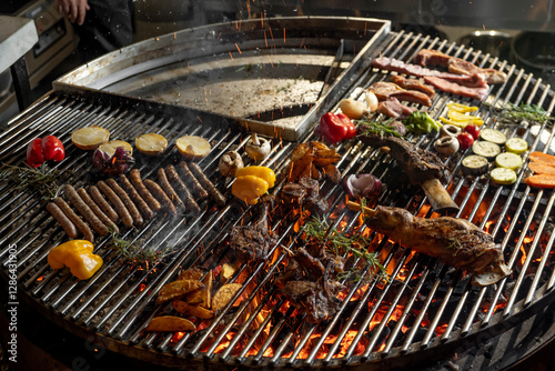 roasted meat and vegetables on the grill with flames and vegetables, close up