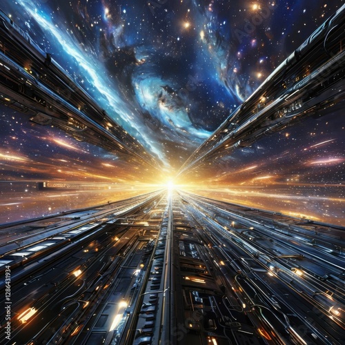 Flying through space, through galaxies to a black hole, on a futuristic spaceship (generated by artificial intelligence)