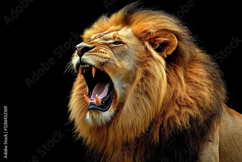 Roaring lion portrait against black background