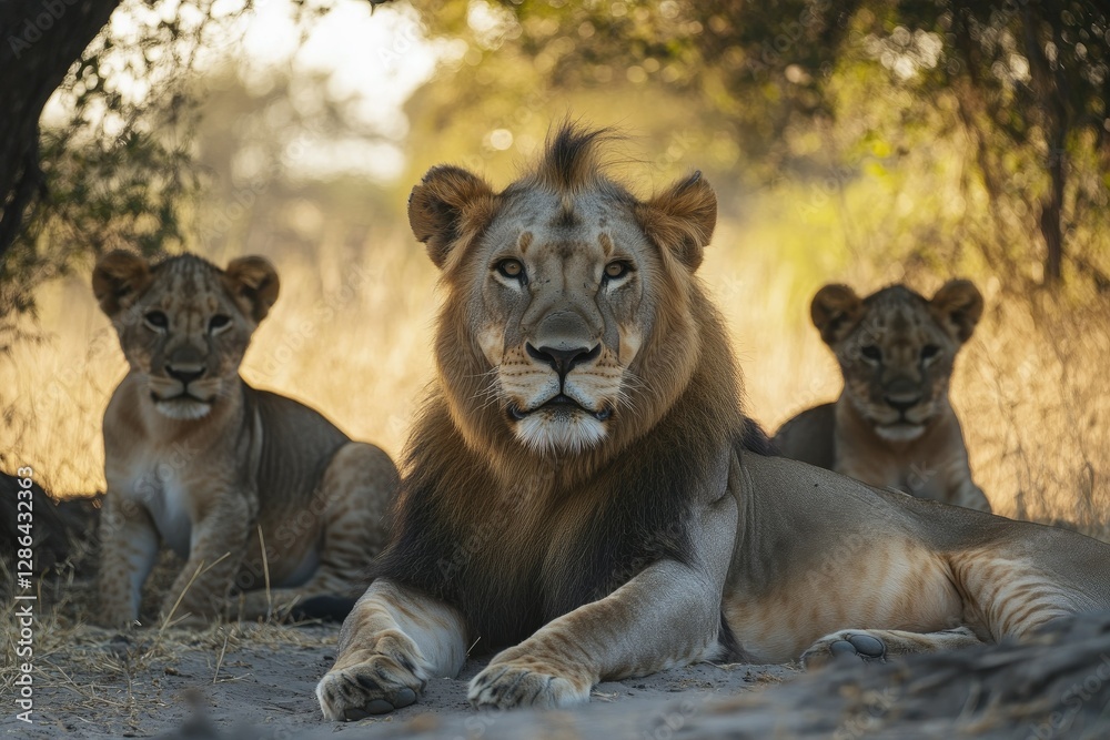 Pride of lions resting under a tree in African savanna Pride of lions resting under a tree in African savanna