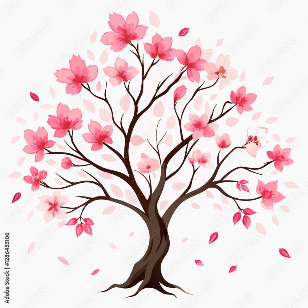 Fototapeta premium Cherry Blossom Tree in Watercolor Painting with Delicate Pink Flowers and Gentle Breeze Effect