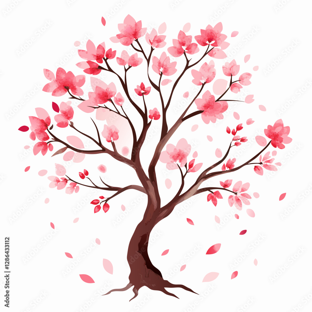 Cherry Blossom Tree in Watercolor Painting with Delicate Pink Flowers and Gentle Breeze Effect Cherry Blossom Tree in Watercolor Painting with Delicate Pink Flowers and Gentle Breeze Effect