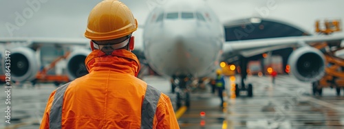 Man in a yellow hard hat stands in front of a large airplane