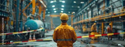 Man in a yellow jacket is standing in a factory with a yellow