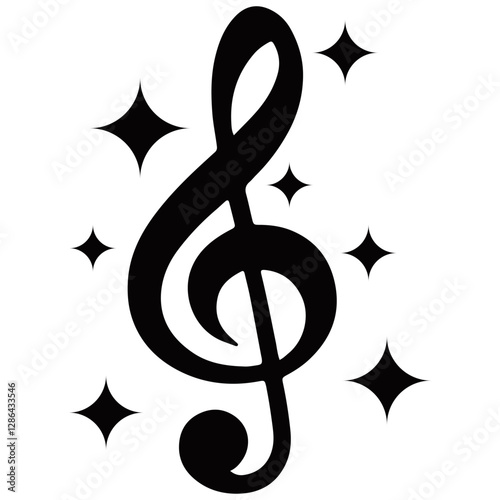 A black and white vector illustration of a treble clef symbol with decorative sparkles.