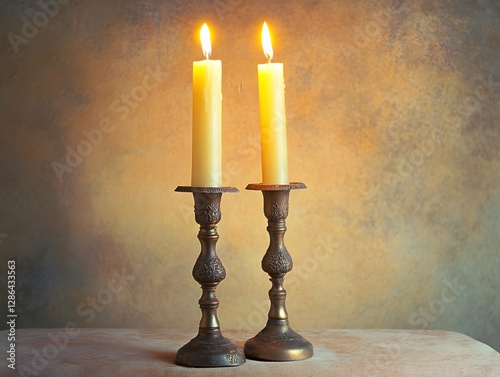 Two candles are lit and placed on a table. The candles are tall and have a yellow wax. The candles are lit and create a warm and cozy atmosphere photo