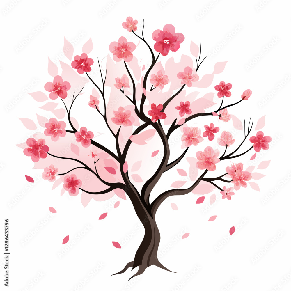 Cherry Blossom Tree in Watercolor Painting with Delicate Pink Flowers and Gentle Breeze Effect Cherry Blossom Tree in Watercolor Painting with Delicate Pink Flowers and Gentle Breeze Effect