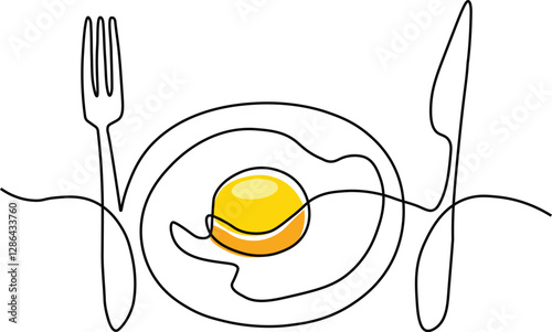 Continuous line drawing of a fried egg on a plate with fork and knife. Minimal breakfast concept illustration.