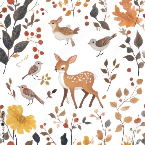 Cute forest animals & plants seamless pattern