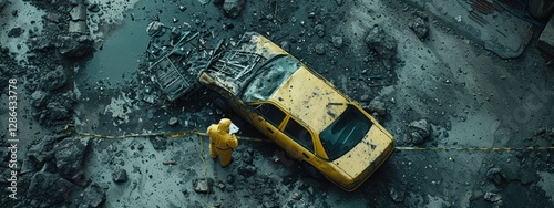 Yellow taxi cab is in a pile of rubble