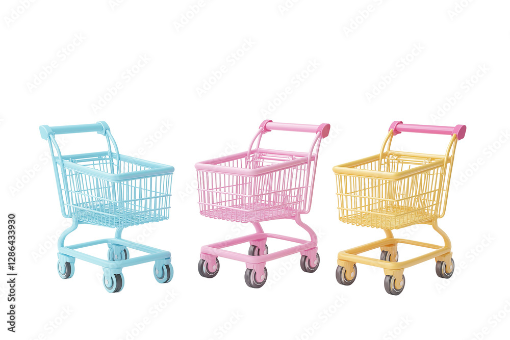 3D render of three shopping carts, isolated on a transparent background PNG 3D render of three shopping carts, isolated on a transparent background PNG