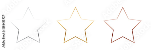 Gold, silver and bronze star frames. Metal thin photo or picture frames isolated on transparent background. 3d realistic empty template vector illustration set.