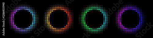 Color dotted round patterns. Neon circle frames of various tones with halftone effect. Abstract shining background with light glowing elements. Glitter circle rings. Modern vector illustration set.