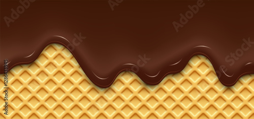 Waffle with chocolate melted background. Golden wafer with diagonal grid pattern, topped with glossy chocolate glaze dripping down. Crispy dessert backdrop. Realistic vector illustration.