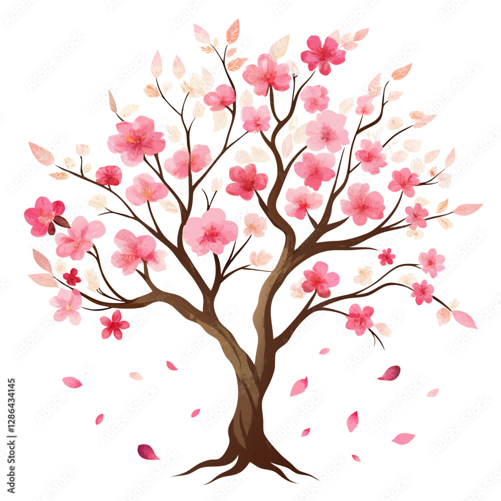Cherry Blossom Tree in Watercolor Painting with Delicate Pink Flowers and Gentle Breeze Effect Cherry Blossom Tree in Watercolor Painting with Delicate Pink Flowers and Gentle Breeze Effect