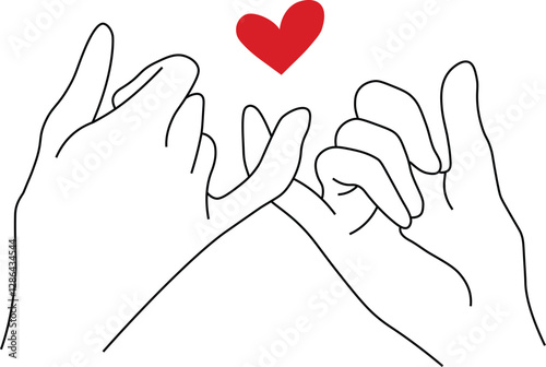 Minimal line drawing of two hands making a pinky promise with a red heart above. Symbol of love, trust, and loyalty.