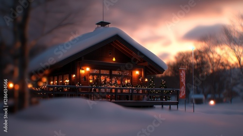 Wallpaper Mural Cozy winter cabin adorned with festive lights, surrounded by snow, at sunset in a serene setting Torontodigital.ca