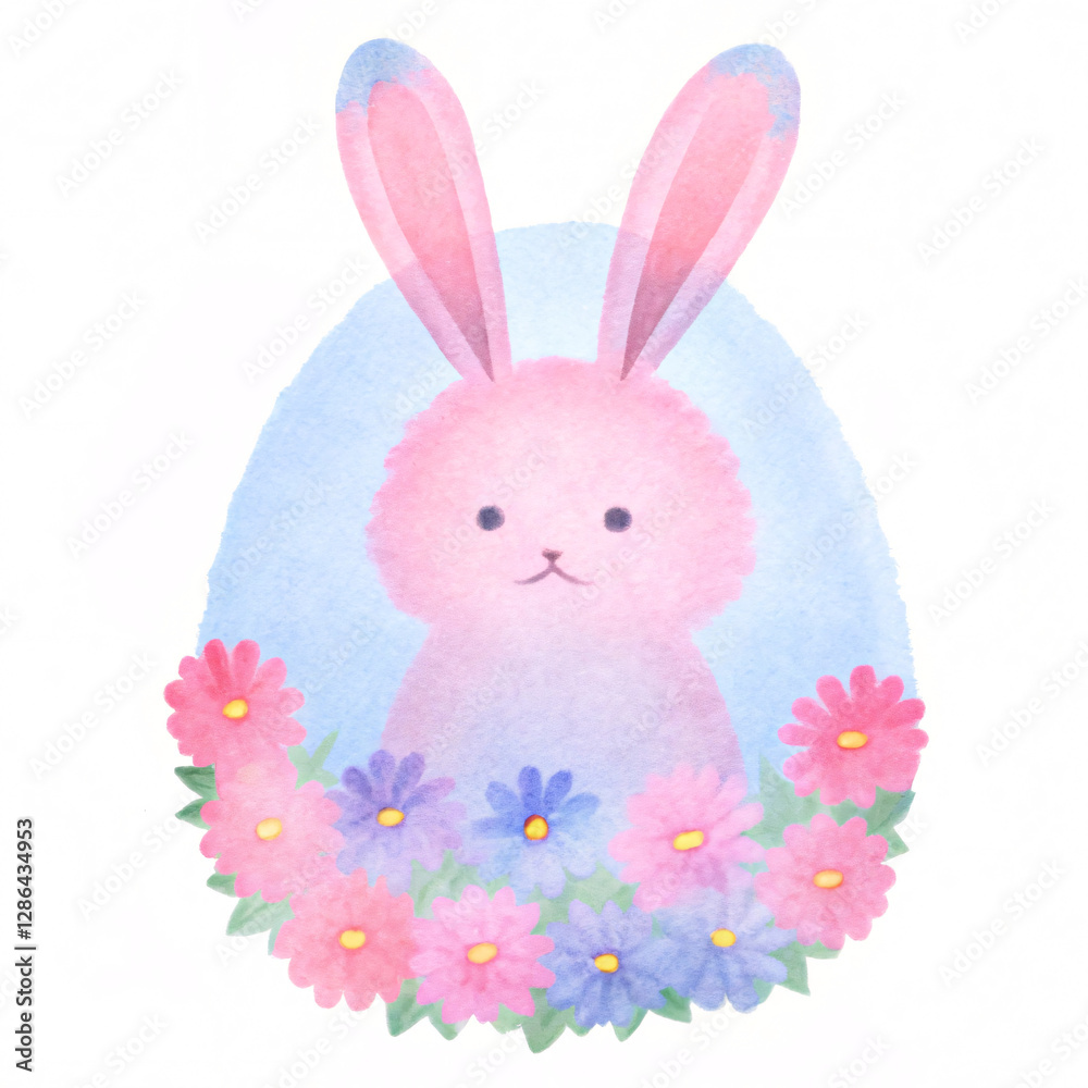 Obraz premium cute bunny surrounded by colorful flowers in whimsical setting. soft pastel colors create cheerful and serene atmosphere, perfect for springtime