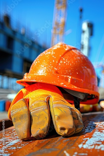 Construction worker's orange helmet and gloves are on a wooden surface