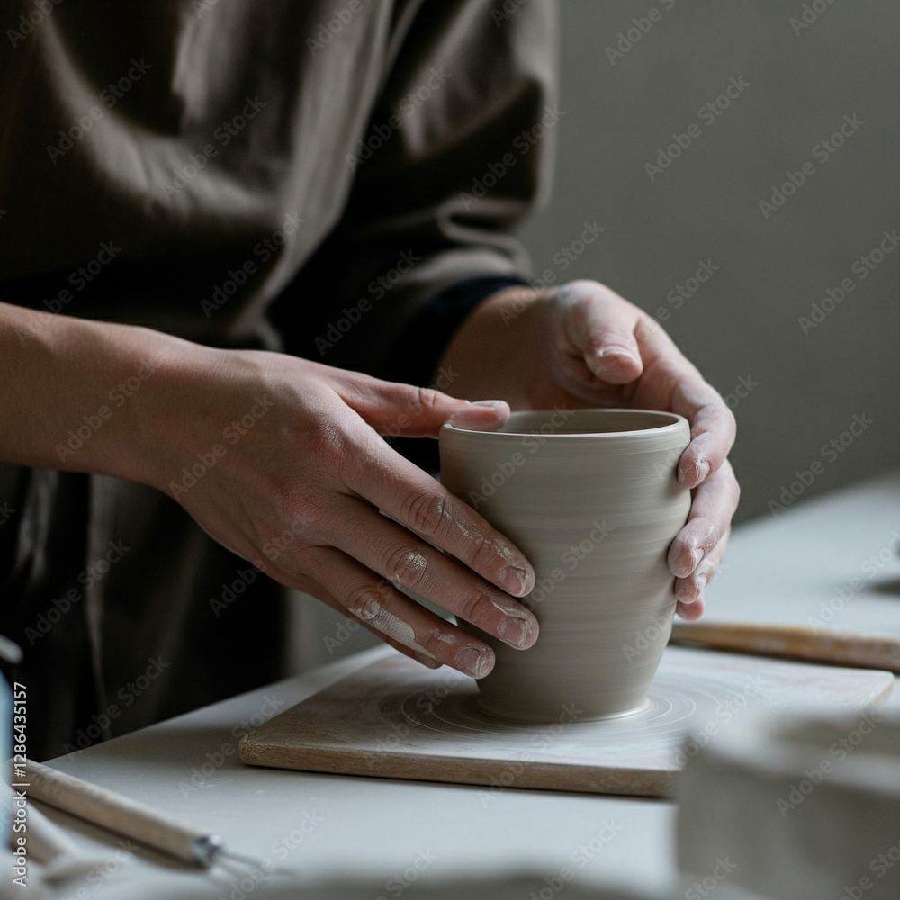 Artisan shaping a handmade ceramic cup in a pottery studio Artisan shaping a handmade ceramic cup in a pottery studio