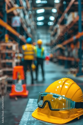 Yellow hard hat sits on a table in a warehouse