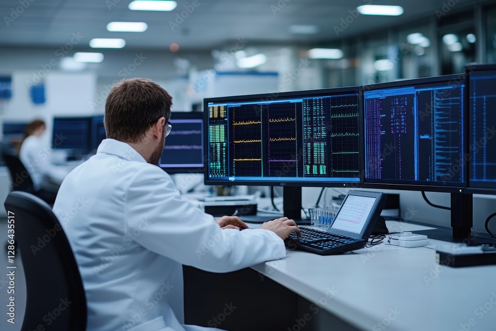 Scientist working in a modern lab, analyzing data on multiple screens with complex graphs and software tools.