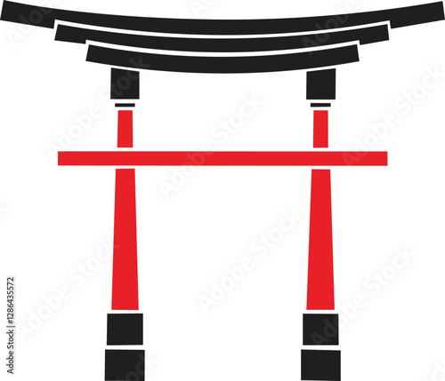 Minimal illustration of a Japanese Torii gate in red and black colors. Traditional Asian architecture symbol for culture, spirituality, shrine and heritage.