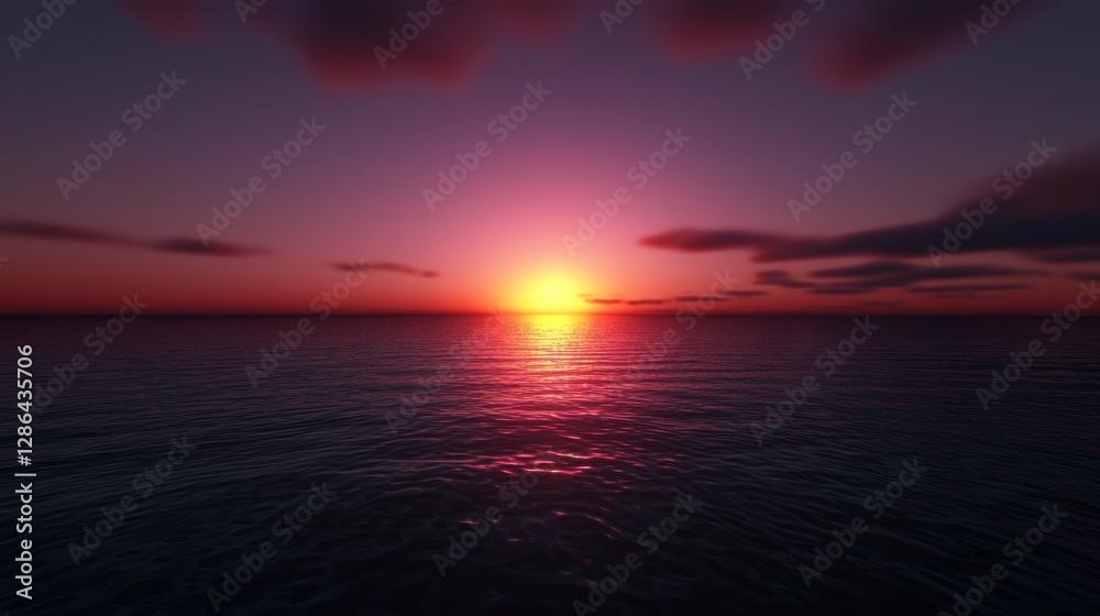 Obraz premium Serene sunset over calm ocean waters with colorful sky and distant clouds reflecting light