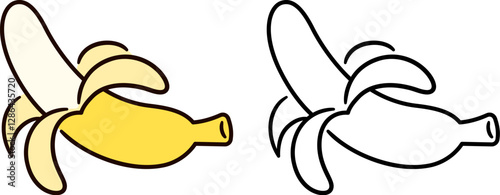 Peeled banana, hand drawn doodle icon. Black and white and color sign. Simple drawing, vector clip art illustration.